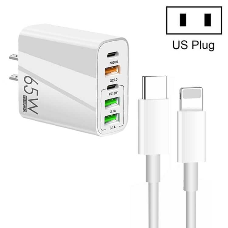 65W Dual PD Type-C + 3 x USB Multi Port Charger with 3A Type-C to 8 Pin Data Cable, US Plug(White) - USB Charger by buy2fix | Online Shopping UK | buy2fix