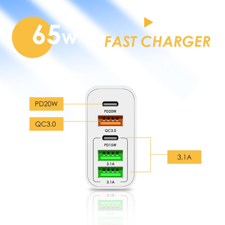 65W Dual PD Type-C + 3 x USB Multi Port Charger with 3A Type-C to 8 Pin Data Cable, US Plug(Black) - Apple Accessories by buy2fix | Online Shopping UK | buy2fix