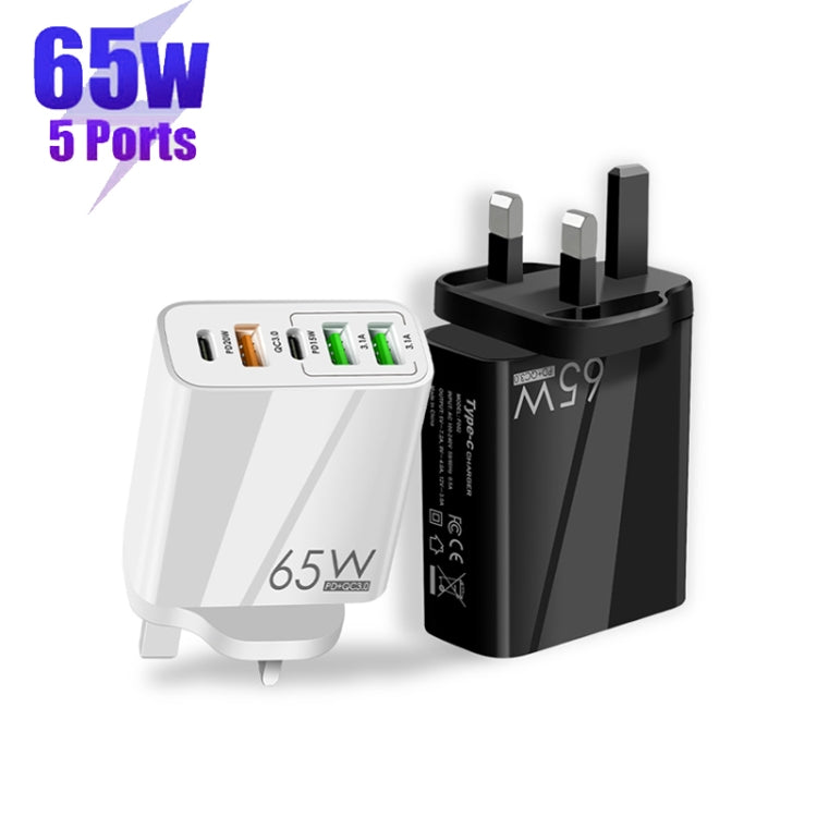 65W Dual PD Type-C + 3 x USB Multi Port Charger with 3A USB to Type-C Data Cable, UK Plug(Black) - Mobile Accessories by buy2fix | Online Shopping UK | buy2fix