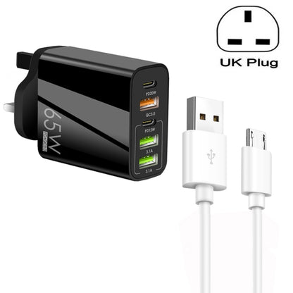 65W Dual PD Type-C + 3 x USB Multi Port Charger with 3A USB to Micro USB Data Cable, UK Plug(Black) - Mobile Accessories by buy2fix | Online Shopping UK | buy2fix