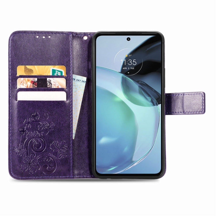 For Motorola Moto G72 Four-leaf Clasp Embossed Leather Phone Case(Purple) - Motorola Cases by buy2fix | Online Shopping UK | buy2fix