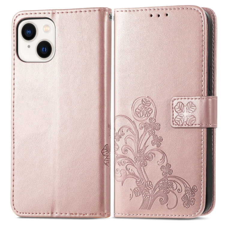 For iPhone 15 Plus Four-leaf Clasp Embossed Buckle Leather Phone Case(Rose Gold) - iPhone 15 Plus Cases by buy2fix | Online Shopping UK | buy2fix