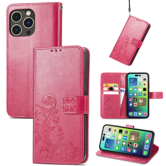 For iPhone 15 Pro Max Four-leaf Clasp Embossed Buckle Leather Phone Case(Magengta) - iPhone 15 Pro Max Cases by buy2fix | Online Shopping UK | buy2fix