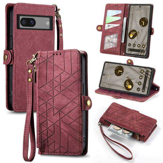 For Google Pixel 7 Geometric Zipper Wallet Side Buckle Leather Phone Case(Red) - Google Cases by buy2fix | Online Shopping UK | buy2fix