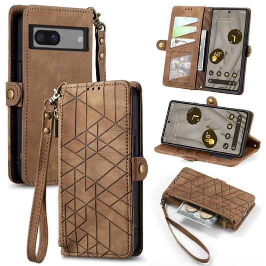 For Google Pixel 7 Pro Geometric Zipper Wallet Side Buckle Leather Phone Case(Brown) - Google Cases by buy2fix | Online Shopping UK | buy2fix