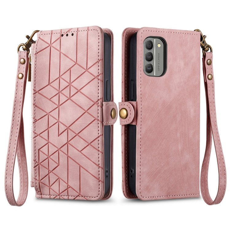 For Nokia C32 Geometric Zipper Wallet Side Buckle Leather Phone Case(Pink) - Nokia Cases by buy2fix | Online Shopping UK | buy2fix