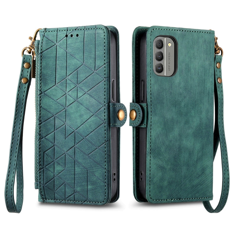 For Nokia C3 Geometric Zipper Wallet Side Buckle Leather Phone Case(Green) - Nokia Cases by buy2fix | Online Shopping UK | buy2fix