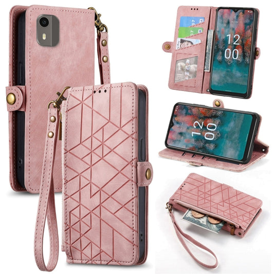 For Nokia C12 Geometric Zipper Wallet Side Buckle Leather Phone Case(Pink) - Nokia Cases by buy2fix | Online Shopping UK | buy2fix