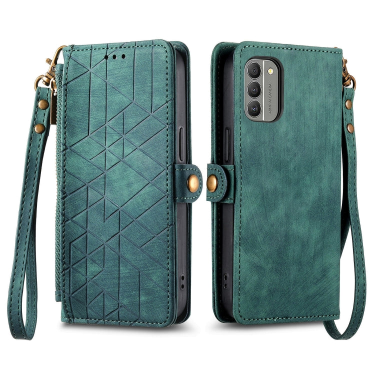 For Nokia XR20 Geometric Zipper Wallet Side Buckle Leather Phone Case(Green) - Nokia Cases by buy2fix | Online Shopping UK | buy2fix