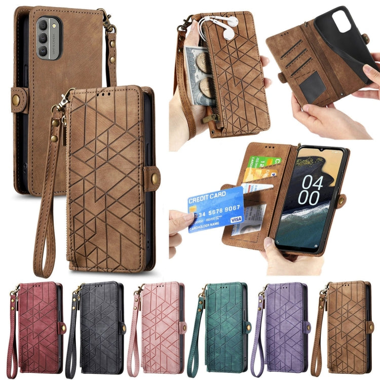 For Nokia G60 5G Geometric Zipper Wallet Side Buckle Leather Phone Case(Brown) - Nokia Cases by buy2fix | Online Shopping UK | buy2fix