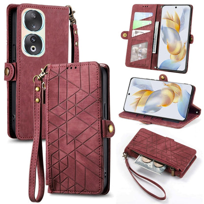 For Honor 90 Geometric Zipper Wallet Side Buckle Leather Phone Case(Red) - Honor Cases by buy2fix | Online Shopping UK | buy2fix