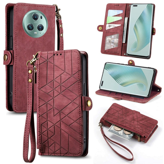 For Honor Magic5 Pro Geometric Zipper Wallet Side Buckle Leather Phone Case(Red) - Honor Cases by buy2fix | Online Shopping UK | buy2fix