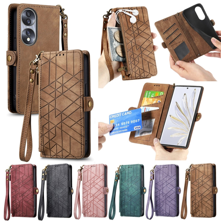 For Honor 90 Lite / X50i Geometric Zipper Wallet Side Buckle Leather Phone Case(Brown) - Honor Cases by buy2fix | Online Shopping UK | buy2fix