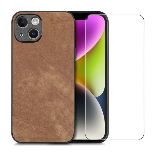 For iPhone 14 Plus ENKAY Retro Leather Skin PC Phone Case with High Aluminum-silicon Glass Film(Brown) - iPhone 14 Plus Cases by ENKAY | Online Shopping UK | buy2fix