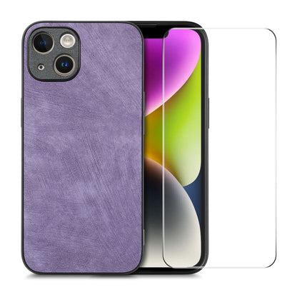 For iPhone 14 ENKAY Retro Leather Skin PC Phone Case with High Aluminum-silicon Glass Film(Purple) - iPhone 14 Cases by ENKAY | Online Shopping UK | buy2fix