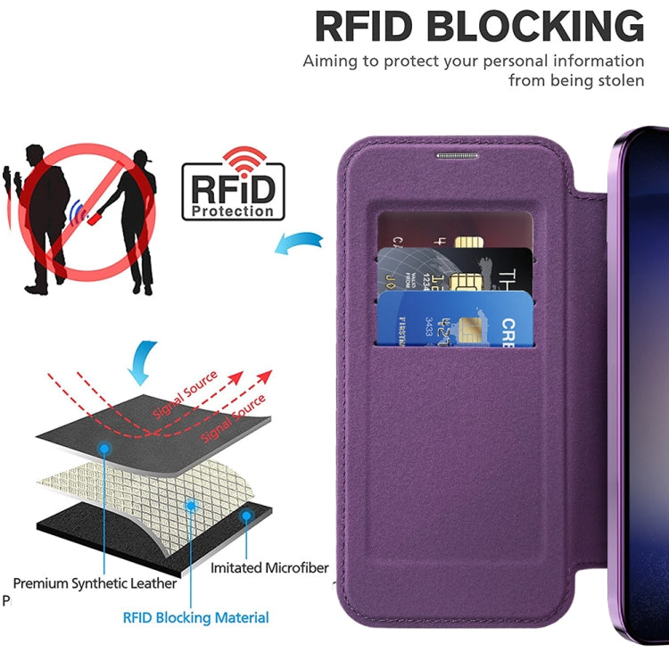 For Samsung Galaxy S24 5G Shield Magsafe RFID Anti-theft Rhombus Leather Phone Case(Purple) - Galaxy S24 5G Cases by buy2fix | Online Shopping UK | buy2fix