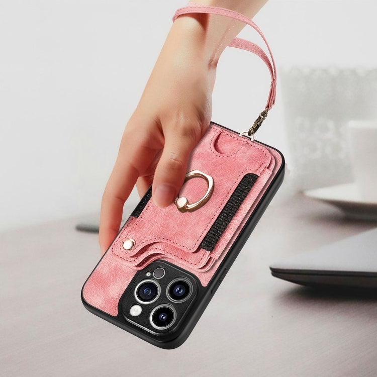 For iPhone 15 Pro Max Retro Skin-feel Ring Multi-card Wallet Phone Case(Pink) - iPhone 15 Pro Max Cases by buy2fix | Online Shopping UK | buy2fix