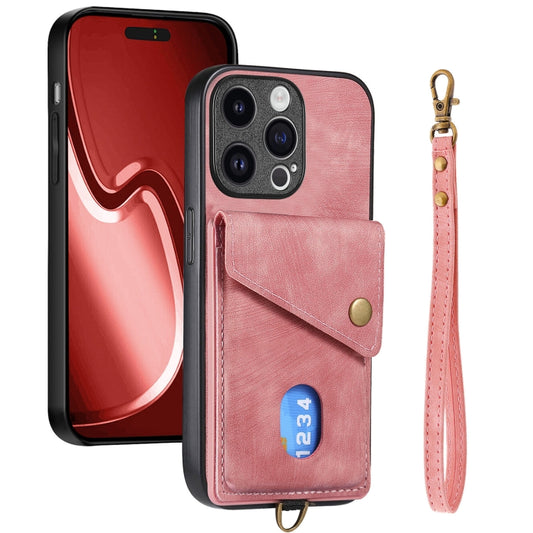 For iPhone 15 Pro Max Retro Card Wallet Fold Leather Phone Case with Strap(Pink) - iPhone 15 Pro Max Cases by buy2fix | Online Shopping UK | buy2fix