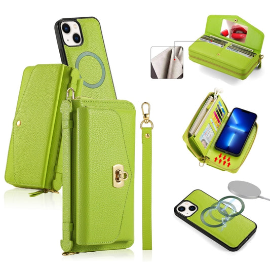 For iPhone 13 MagSafe Crossbody Multi-functional Zipper Wallet Litchi Leather Phone Case(Green) - iPhone 13 Cases by buy2fix | Online Shopping UK | buy2fix