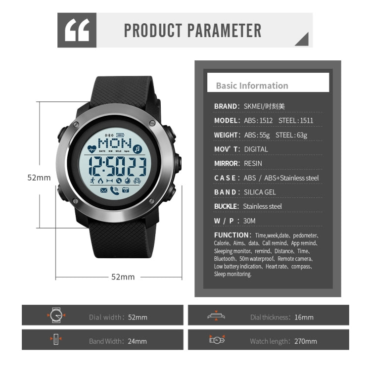 SKMEI 1511 Simple Bluetooth Men Smart Waterproof Compass Adult Smart Watch(Rubber Shell Black) - Sport Watches by SKMEI | Online Shopping UK | buy2fix