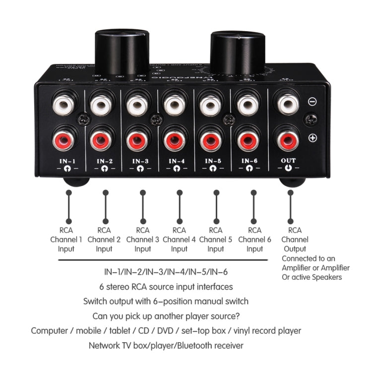 B016 6 Input 1 Output Audio Signal Source Selection Switcher, Output Volume Adjustment Control RCA Port - Consumer Electronics by buy2fix | Online Shopping UK | buy2fix