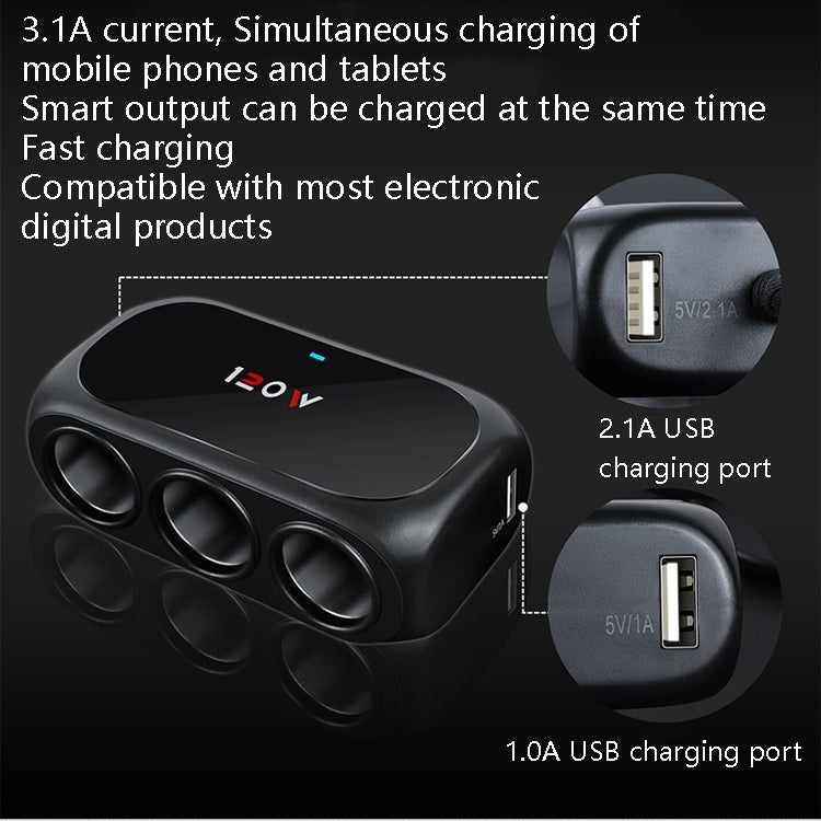 2 PCS Car Charger Cigarette Lighter 1 In 3 Mobile Phone USB Car Charger(Black) - In Car by buy2fix | Online Shopping UK | buy2fix