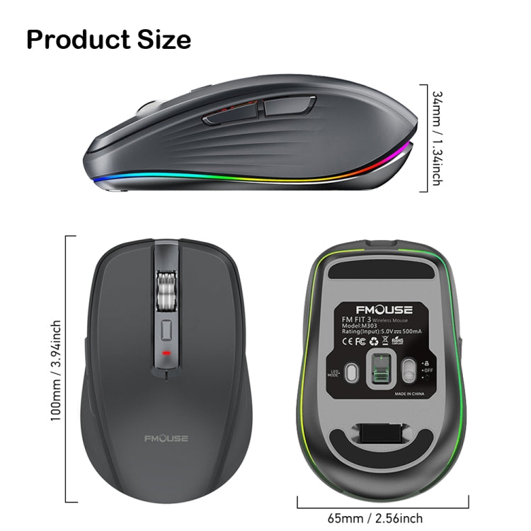 Fmouse M303 2400DPI Bluetooth&2.4G Dual Modes Rechargeable RGB Mouse(Gray) - Wireless Mice by Fmouse | Online Shopping UK | buy2fix