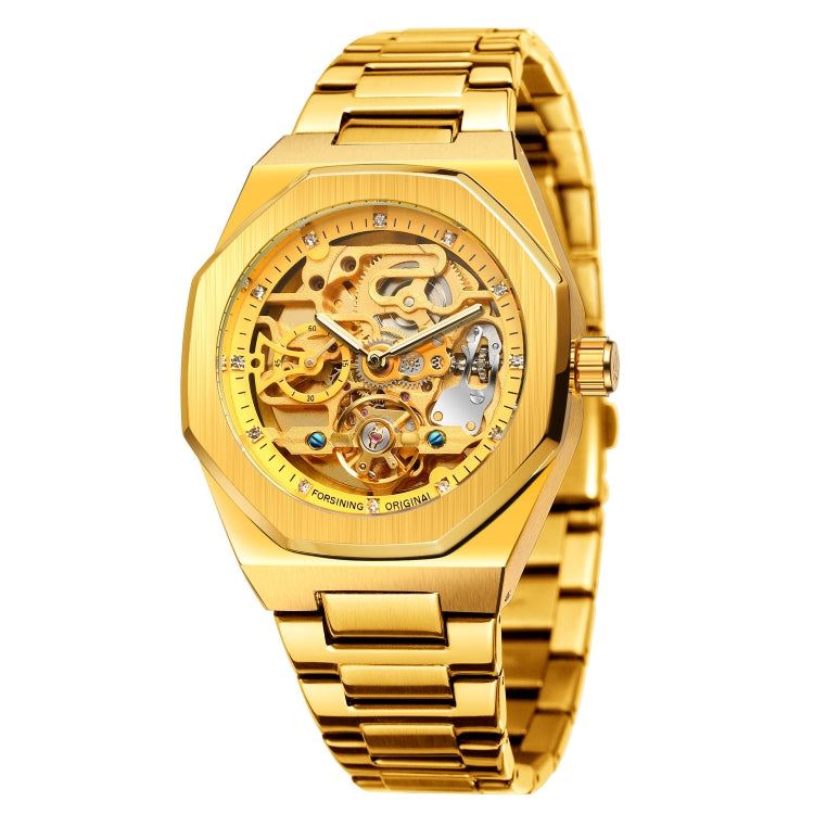 FORSINING F980 Luminous Three Eye Six Shot Weekly Steel Belt Men Fully Automatic Mechanical Watch(Gold Belt Gold Face) - Metal Strap Watches by FORSINING | Online Shopping UK | buy2fix