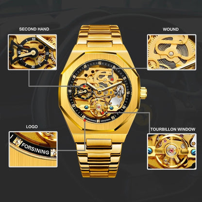 FORSINING F980 Luminous Three Eye Six Shot Weekly Steel Belt Men Fully Automatic Mechanical Watch(Gold Belt Gold Face) - Metal Strap Watches by FORSINING | Online Shopping UK | buy2fix