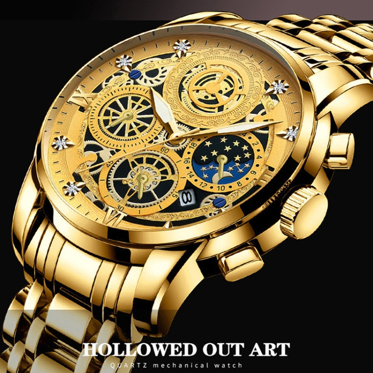 BINBOND 4010 Multifunctional Waterproof Hollowed Luminous Quartz Watch(Inter-gold Gold Surface) - Metal Strap Watches by BINBOND | Online Shopping UK | buy2fix