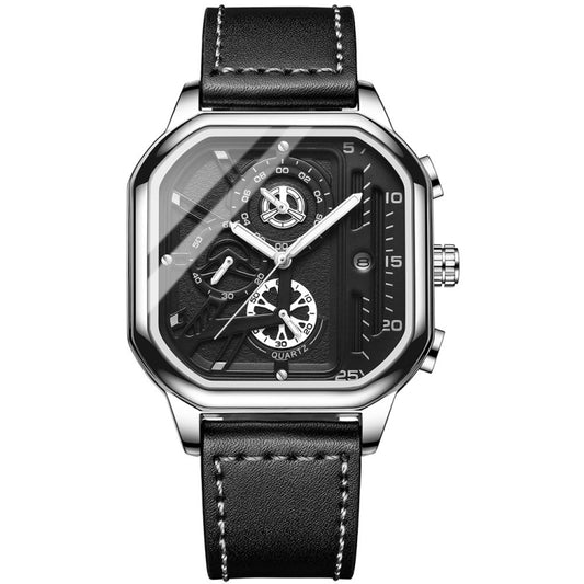 BINBOND B6577 30M Waterproof Luminous Square Quartz Watch, Color: Black Leather-White-White - Leather Strap Watches by BINBOND | Online Shopping UK | buy2fix