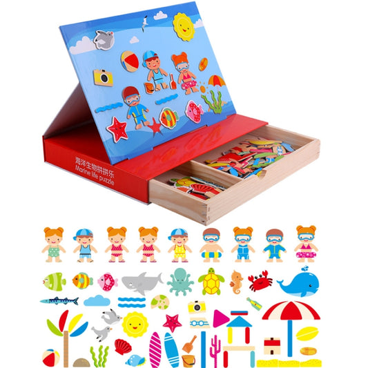 Drawer Type Double-sided Drawing Board Puzzle Magnetic Cartoon Dress Up Wooden Toys(Marine Life) - Early Education Toys by buy2fix | Online Shopping UK | buy2fix