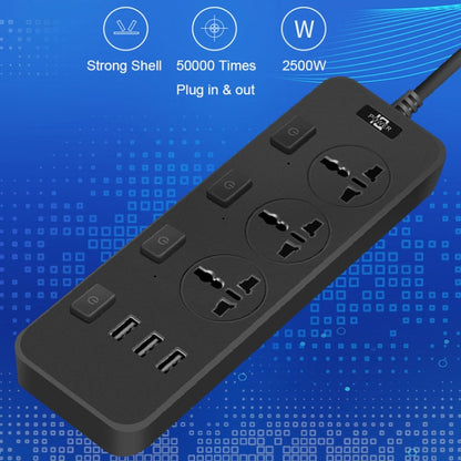 T14 2m 2500W 3 Plugs + 3-USB Ports Multifunctional Socket With Switch, Specification: UK Plug (Black) - Extension Socket by buy2fix | Online Shopping UK | buy2fix