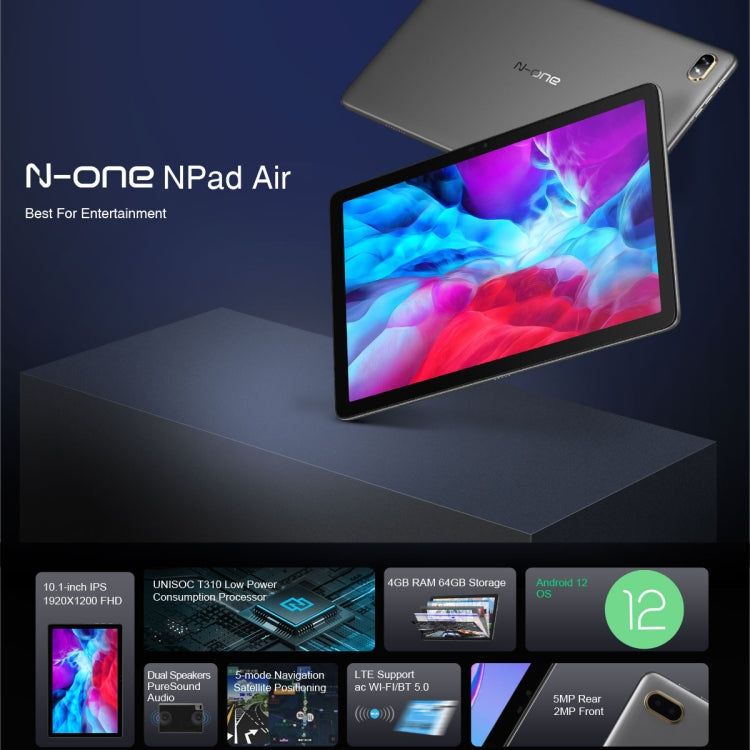 N-ONE Npad Air 2023 Tablet PC, 10.1 inch, 4GB+64GB, Android 12 Unisoc T310 Quad Core up to 2.0GHz, Support Dual SIM & WiFi & BT, Network: 4G, US Plug(Grey) - Other by buy2fix | Online Shopping UK | buy2fix